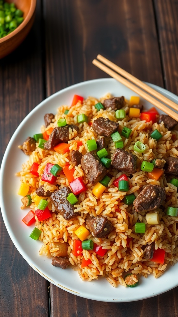 A delicious plate of chopped beef fried rice with colorful vegetables and beef on a rustic wooden table.